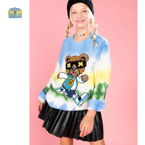 Lola + The Boys Cool Teddy Bear Crystal Sweater in Blue & Green Tie Dye. Size 6 - Picture 1 of 9